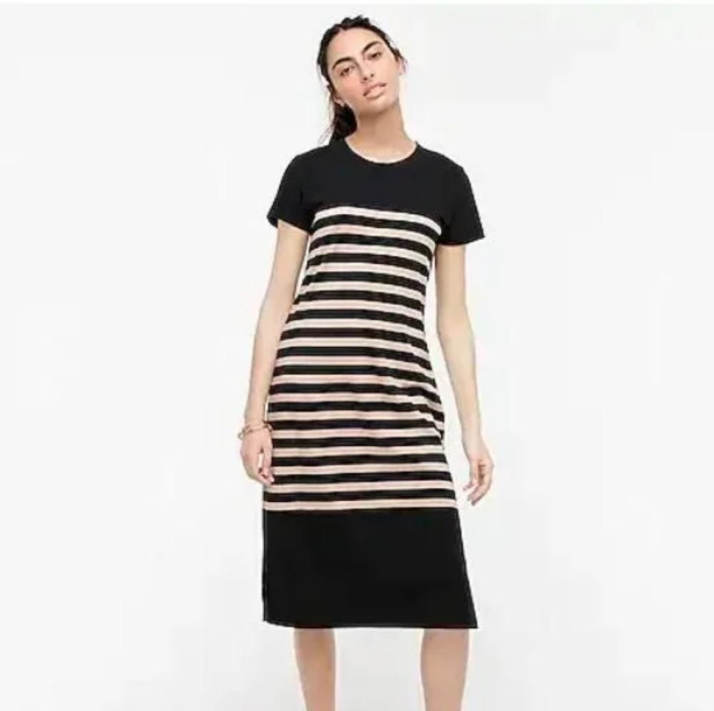 J Crew Midi T shirt dress black beige stripe M